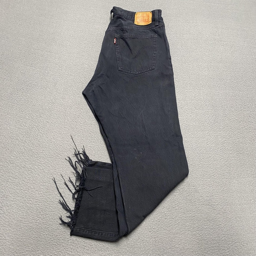 Levis 501 Jeans Mens 32x26 Black Distressed‎ Button Fly Straight Leg Denim Pants